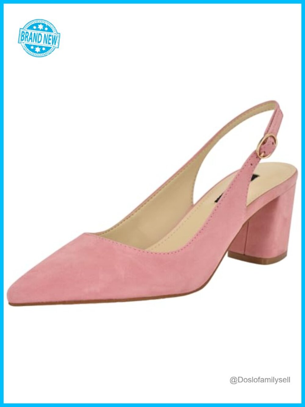 Suede Slingback Pumps Pointed Toe Mid Block Heel Buckle Closure